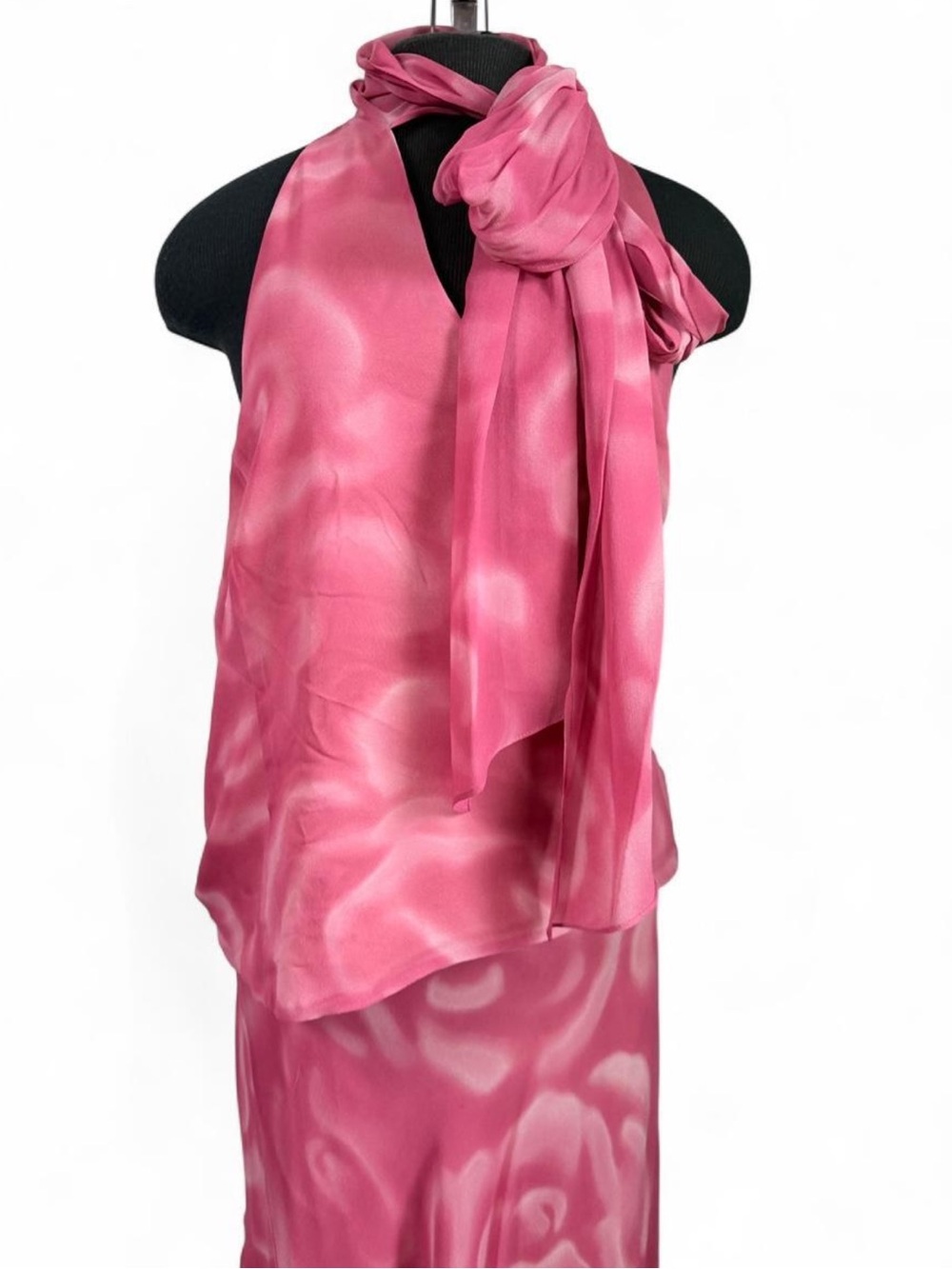 Vintage Y2K Express 100% Silk Pink Rose Halter Top Midi Skirt 2 Piece Set L - Picture 6 of 9